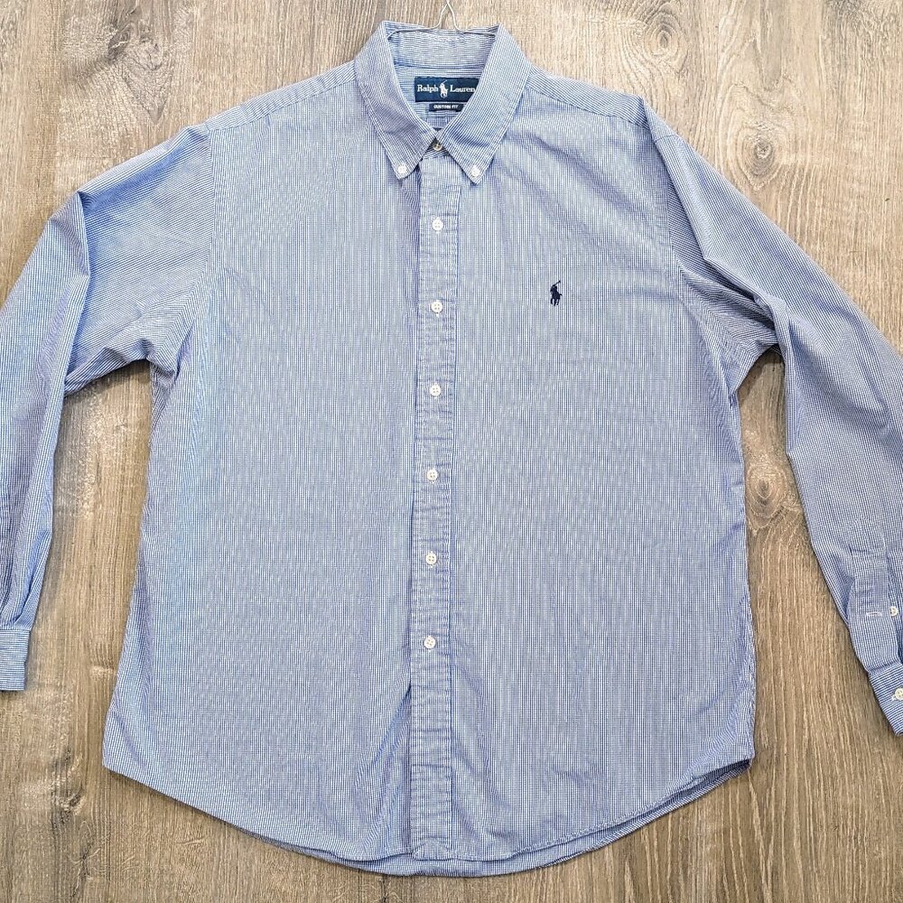 Ralph Lauren Custom Fit Plaid Blue Pinpoint Oxford Shirt men's XL